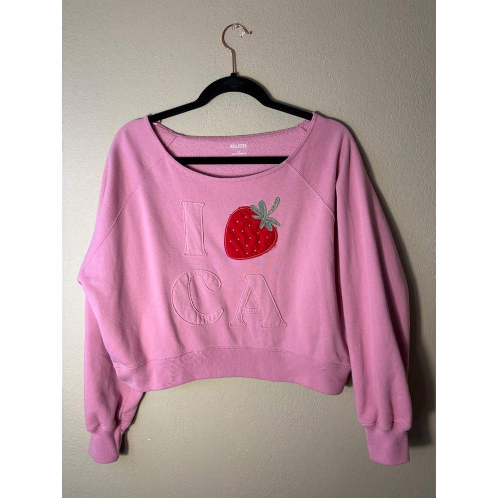 Hollister Pink I Strawberry CA Cropped‎ Sweatshirt XS Raglan Pullover Fleece